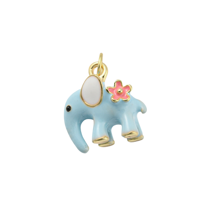 Blue elephant charm with a pink flower on a white background
