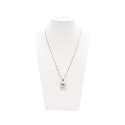 Front view of the Silver Rhinestone Bubble Letter Necklace | Letter R