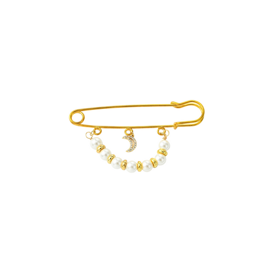 Front of the Gold Moon & Pearl Safety Pin Brooch | Shoe, Purse & Hat Charm