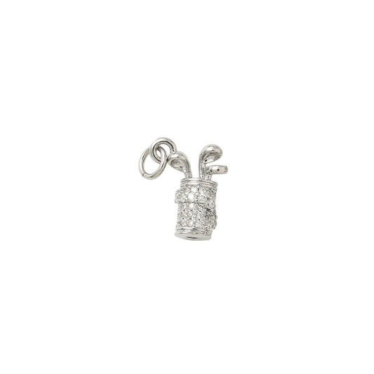 Silver golf club and ball charm on a white background