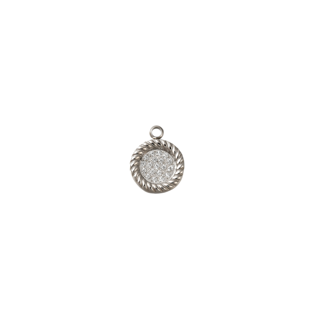 Silver pendant with textured design on a white background