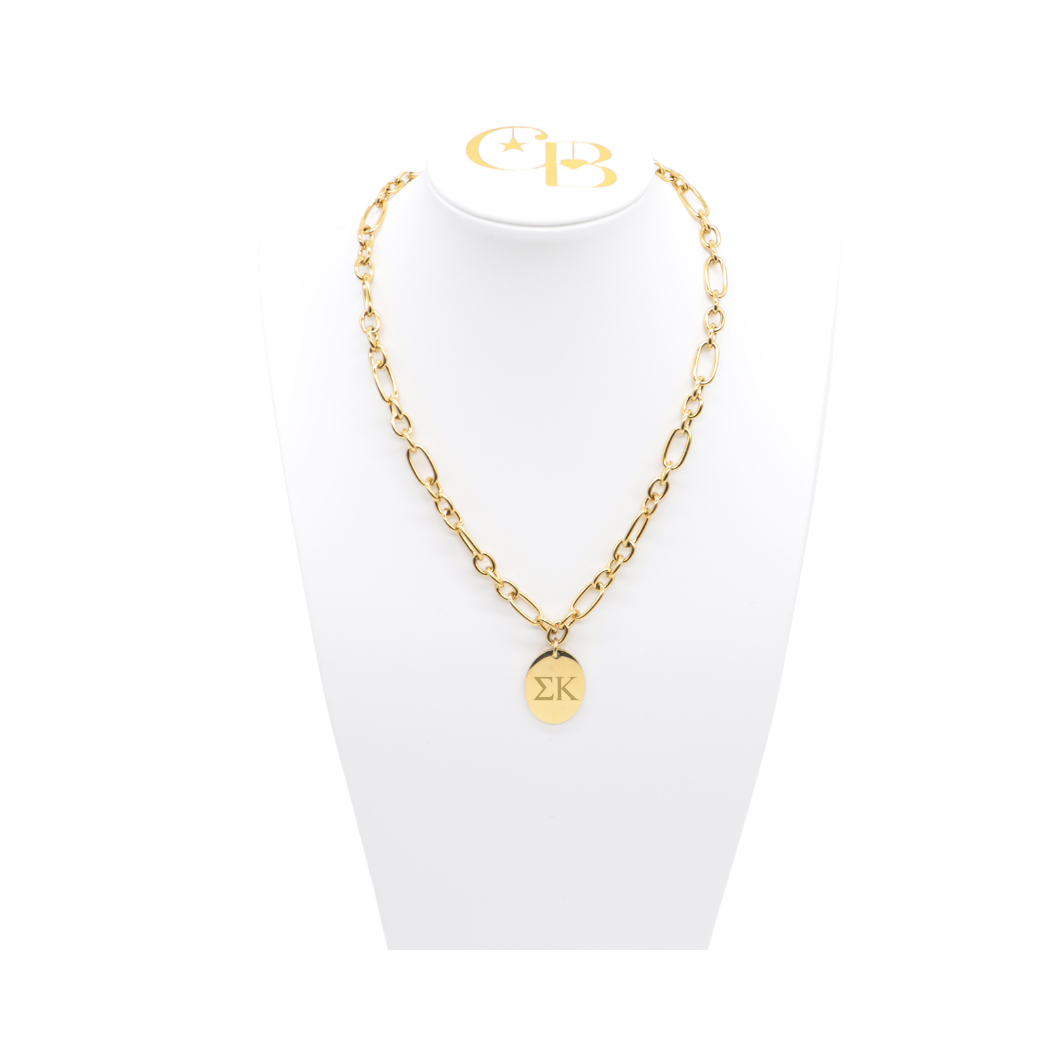 Sigma Kappa Keepsake Necklace with Large Gold Oval Charm | Waterproof, Hypoallergenic & Tarnish Resistant