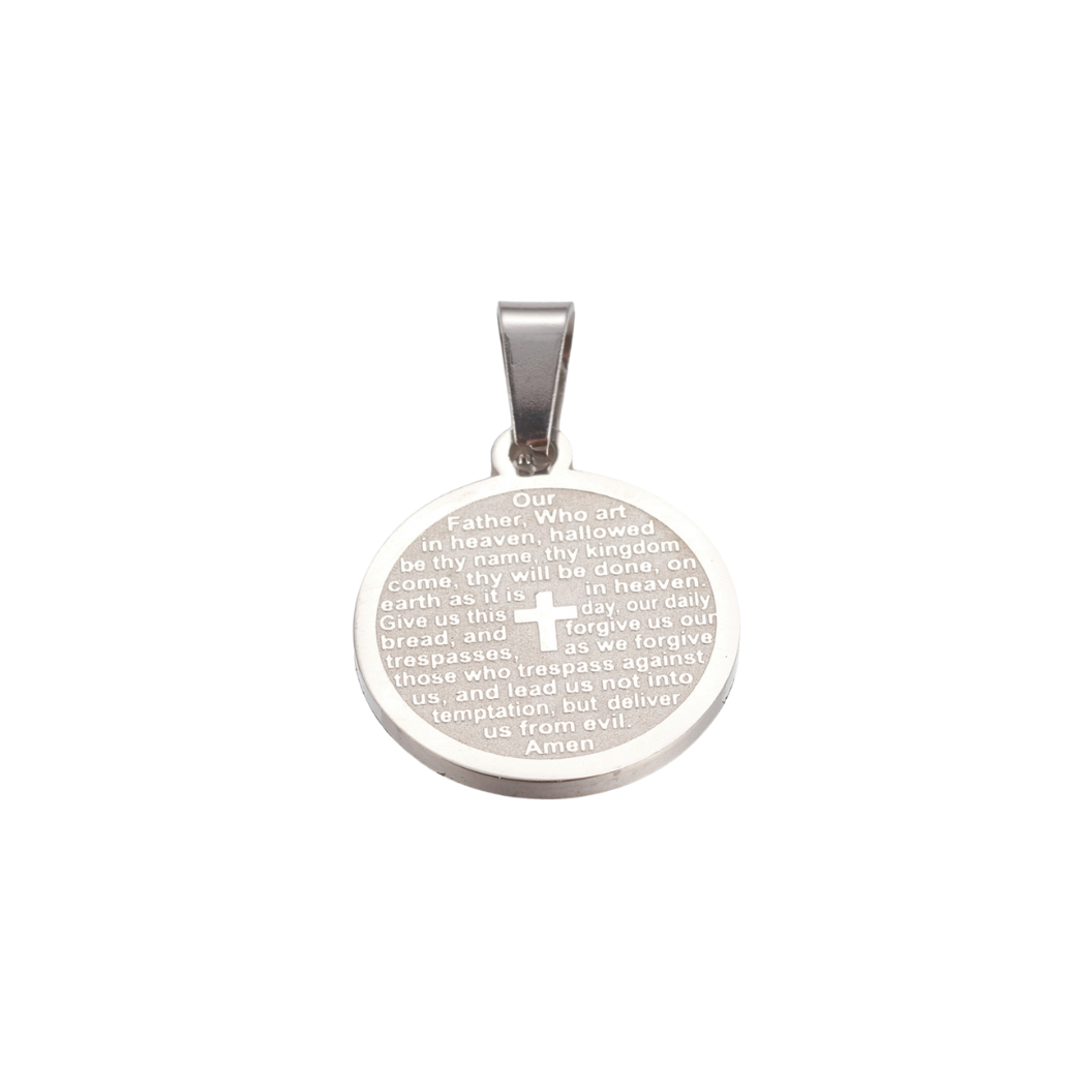 Silver pendant with engraved text on a white background