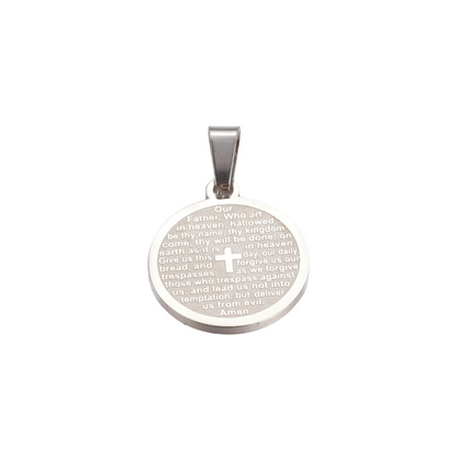 Silver pendant with engraved text on a white background