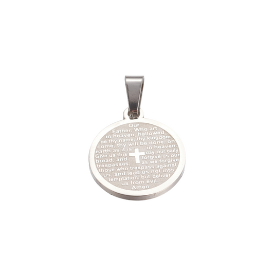 Silver pendant with engraved text on a white background