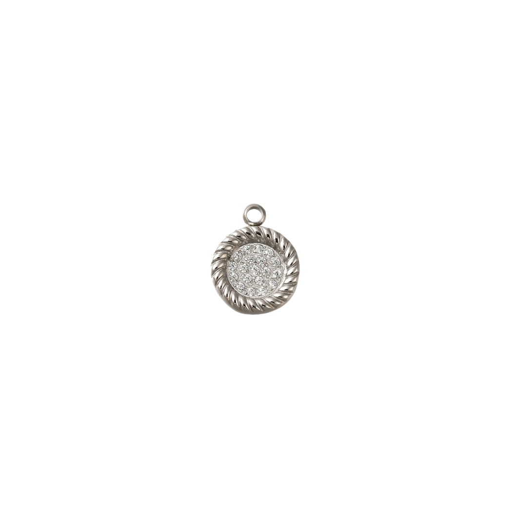 Silver pendant with textured design on a white background