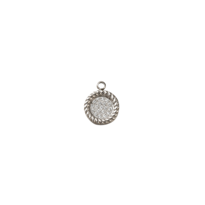 Silver pendant with textured design on a white background