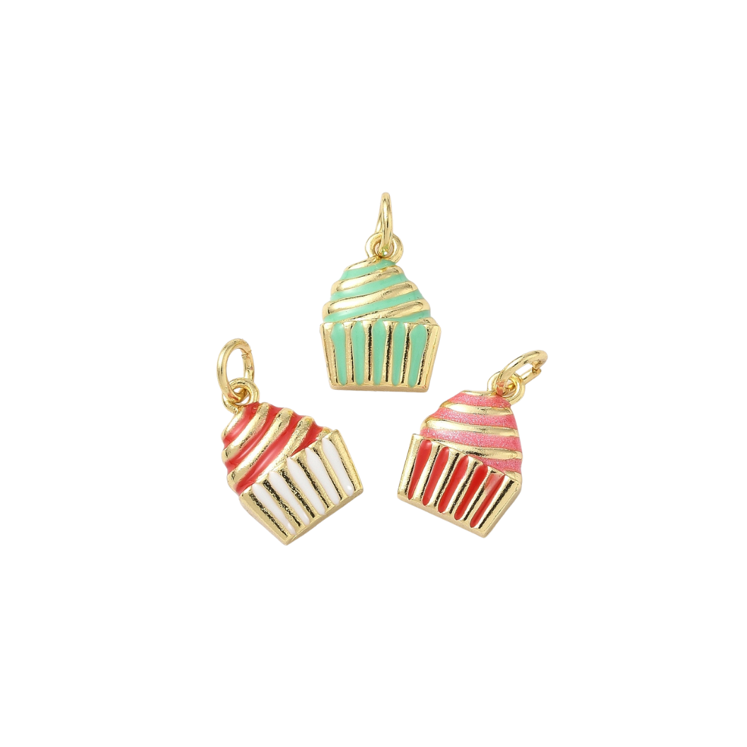 Three cupcake-shaped charms with gold outlines on a white background