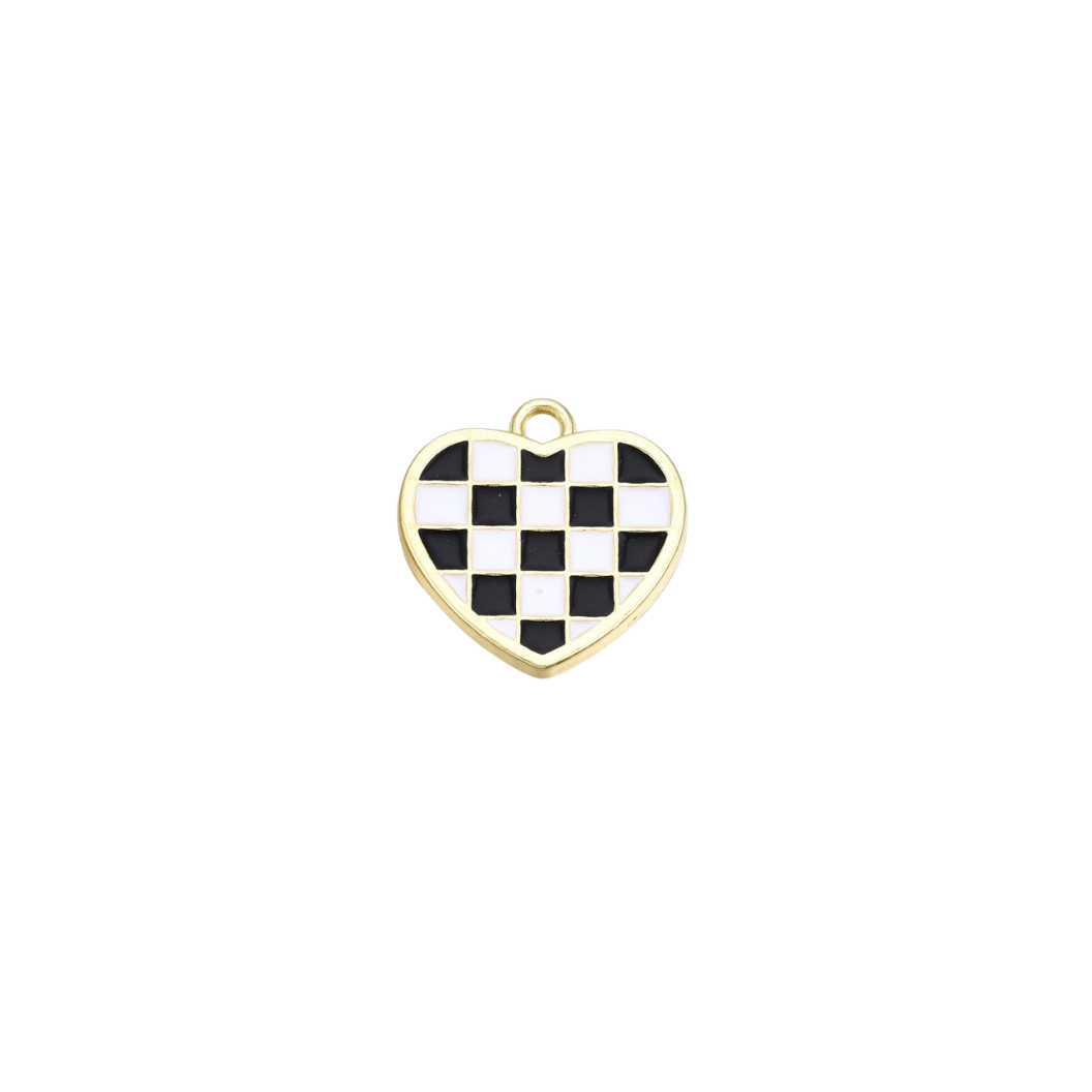 Heart-shaped checkered pendant with gold border on a white background