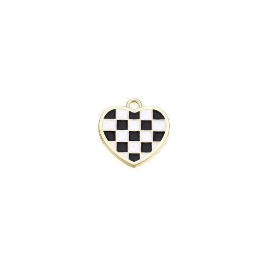Heart-shaped checkered pendant with gold border on a white background