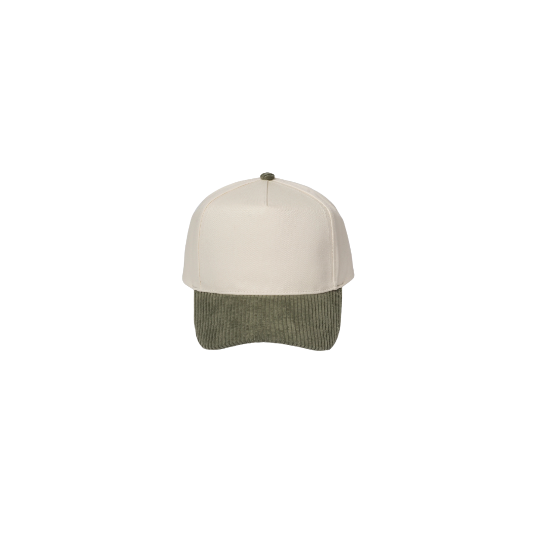 Two-tone cap with beige top and greenish-brown bottom on a white background