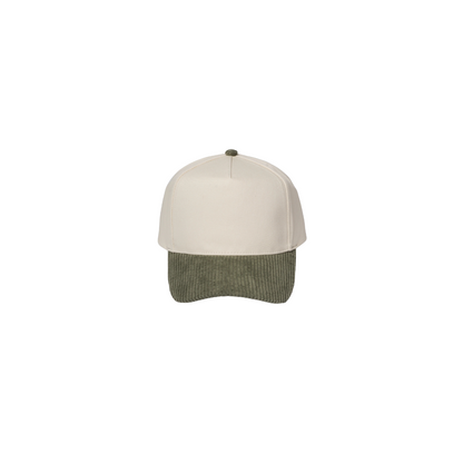 Two-tone cap with beige top and greenish-brown bottom on a white background