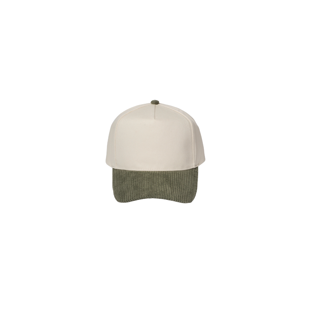 Two-tone cap with beige top and green bottom on a white background