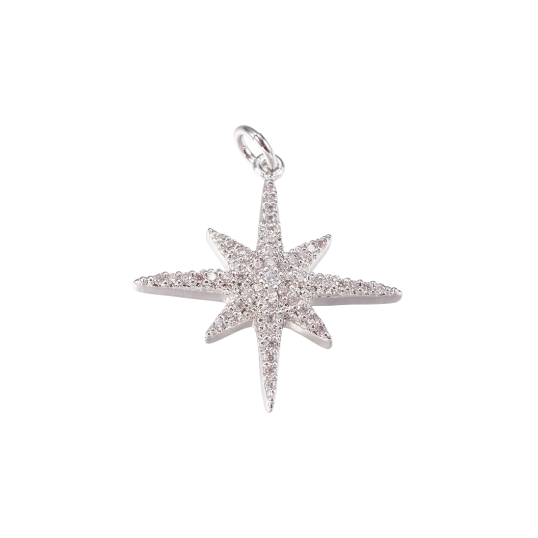 Silver Large Cubic Zirconia Starburst Star Charm