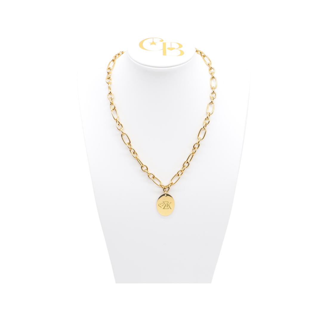 Sigma Kappa Keepsake Necklace with Large Gold Oval Charm | Waterproof, Hypoallergenic & Tarnish Resistant