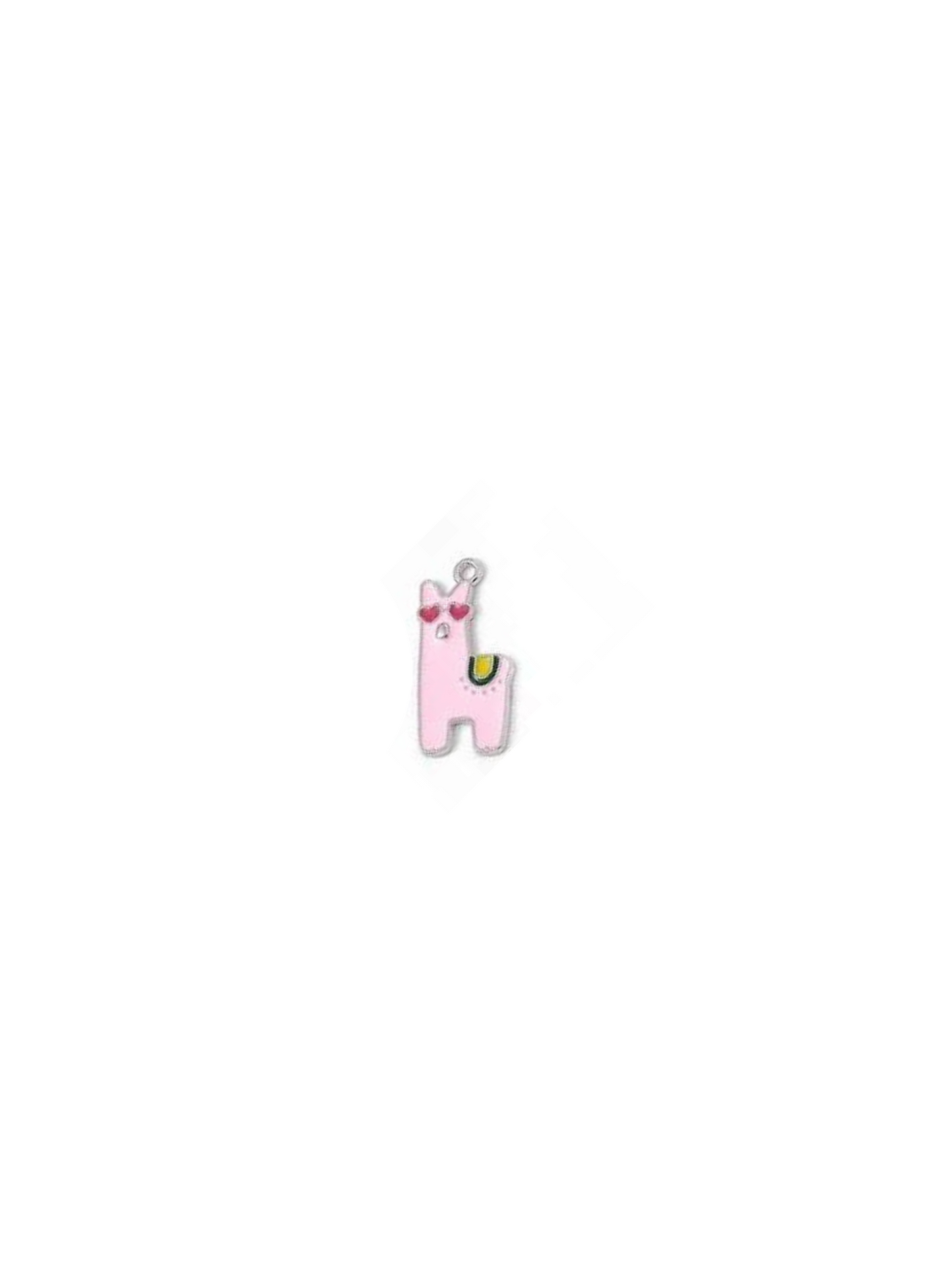 Pink alpaca charm on white background.