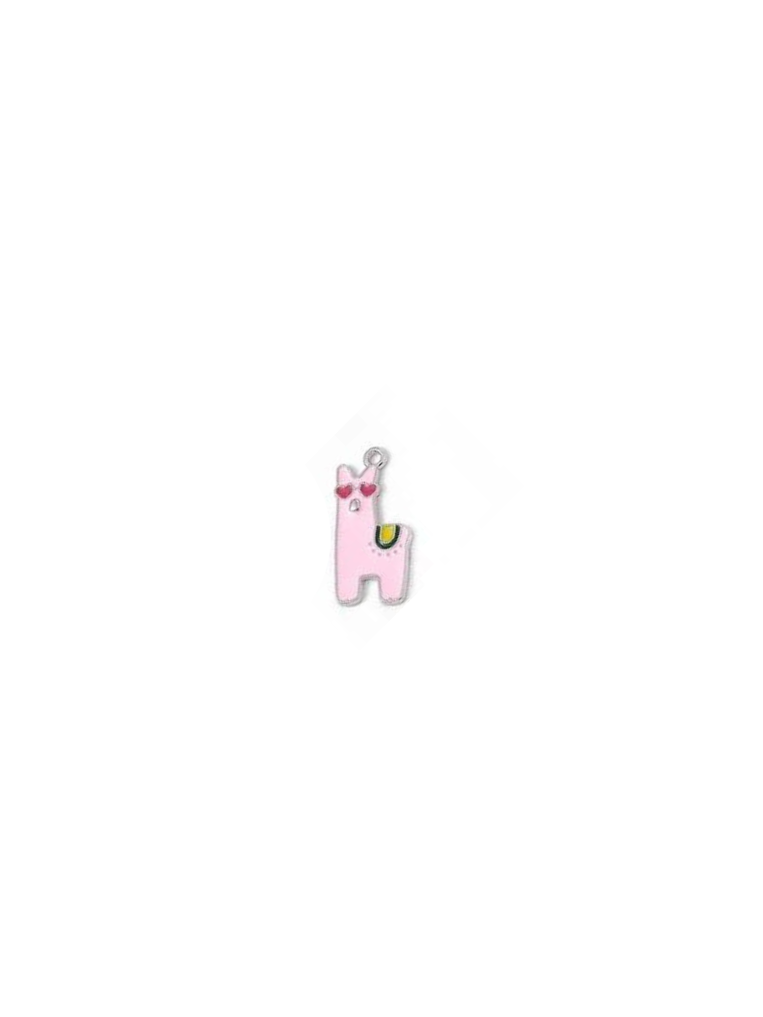 Pink alpaca charm on white background.