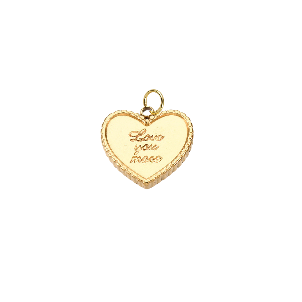 Gold heart-shaped pendant with 'Love you more' engraving on a white background