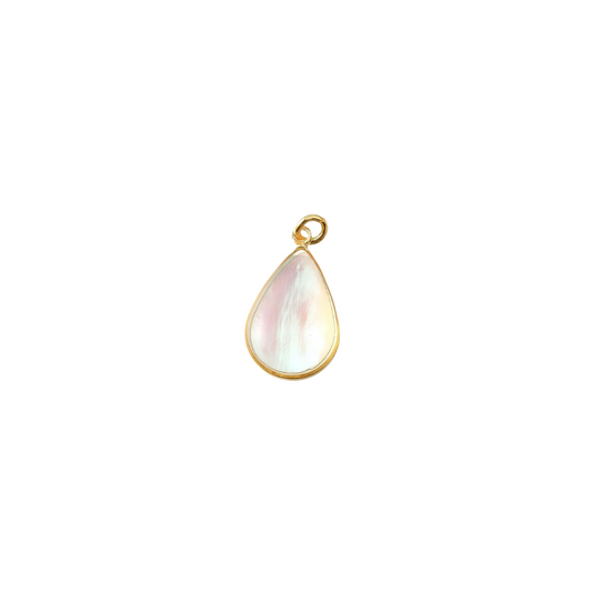 Teardrop-shaped pendant with gold setting on a white background