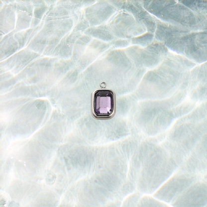 Silver Rectangle Purple Gemstone Charm - Waterproof Stainless Steel