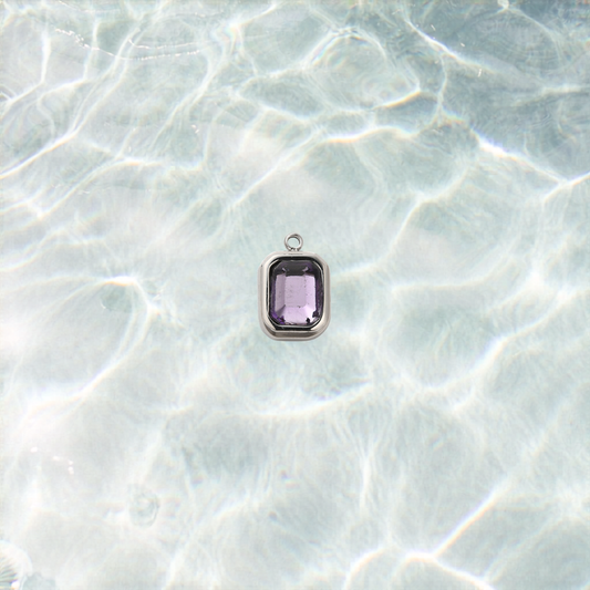 Silver Rectangle Purple Gemstone Charm - Waterproof Stainless Steel