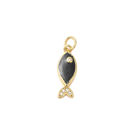 Gold and black fish-shaped pendant with a diamond on a white background