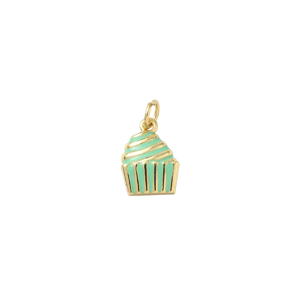 Gold and green cupcake charm on a white background