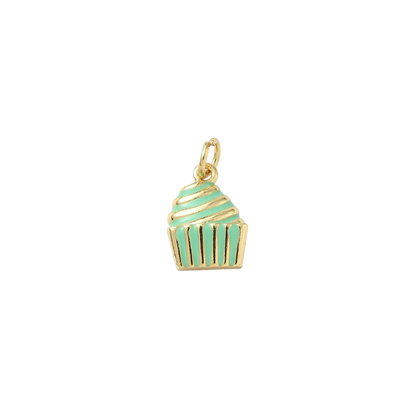 Gold and green cupcake charm on a white background