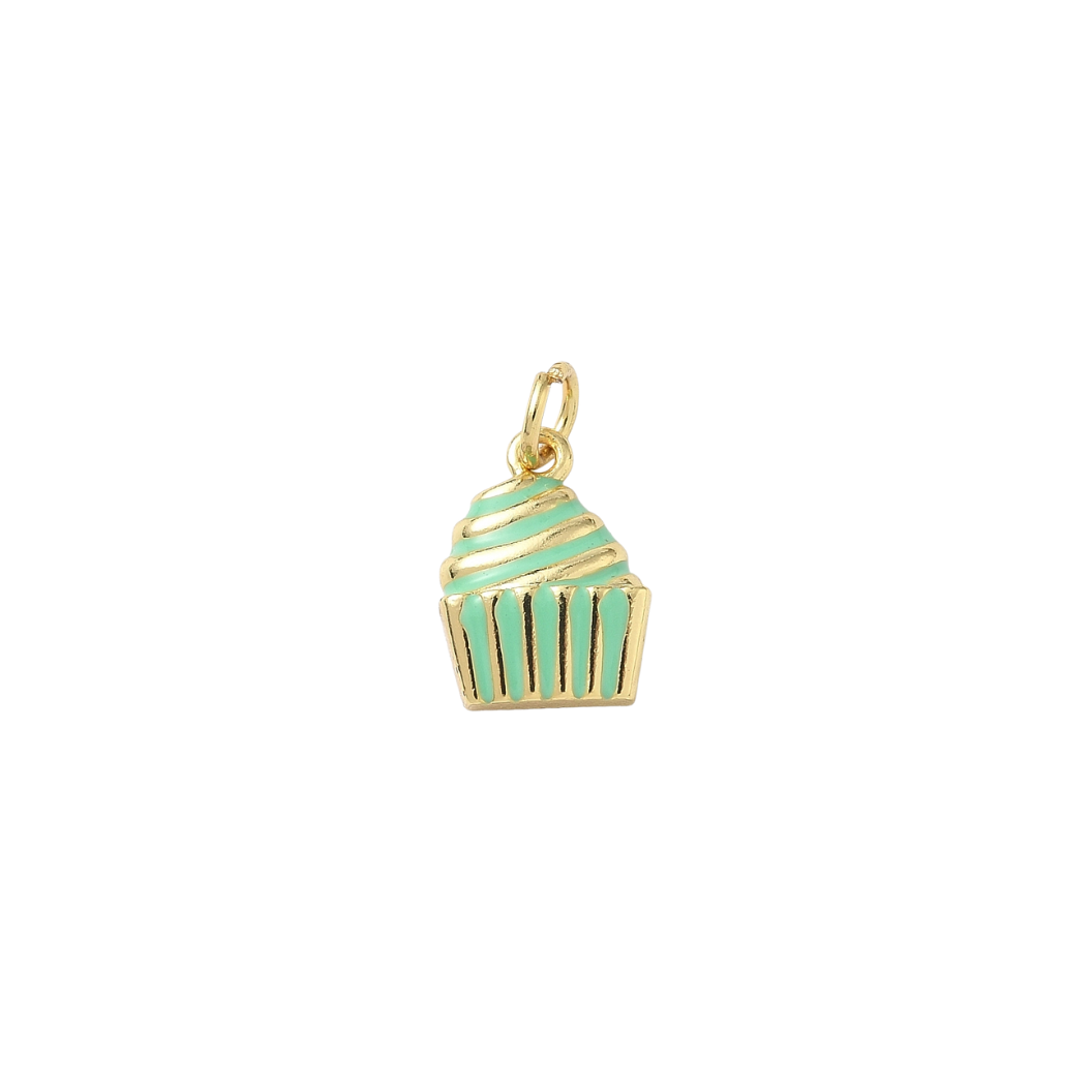 Gold and green cupcake charm on a white background
