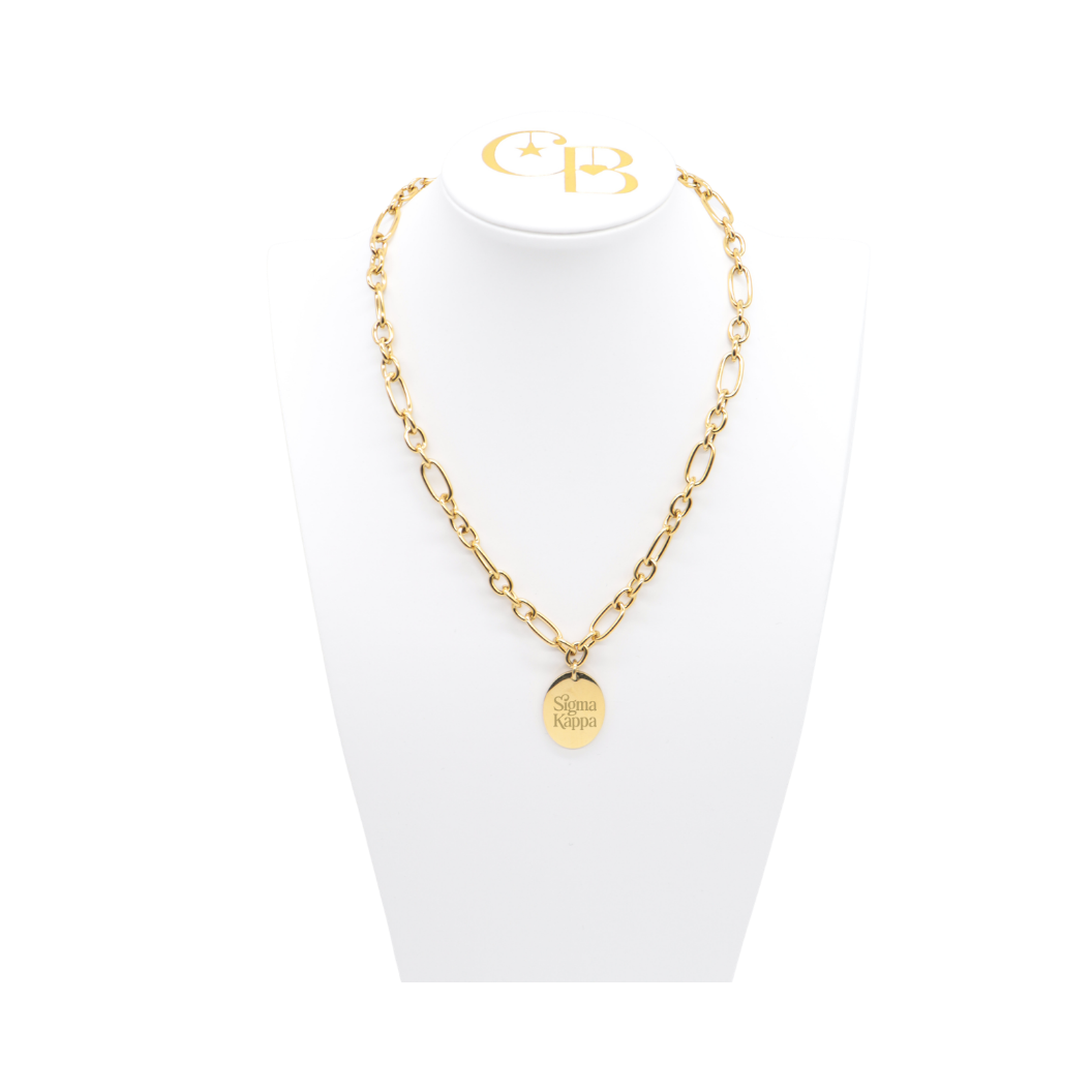Sigma Kappa Keepsake Necklace with Large Gold Oval Charm | Waterproof, Hypoallergenic & Tarnish Resistant