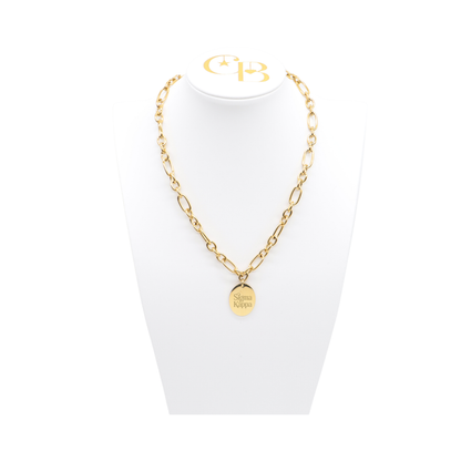 Sigma Kappa Keepsake Necklace with Large Gold Oval Charm | Waterproof, Hypoallergenic & Tarnish Resistant