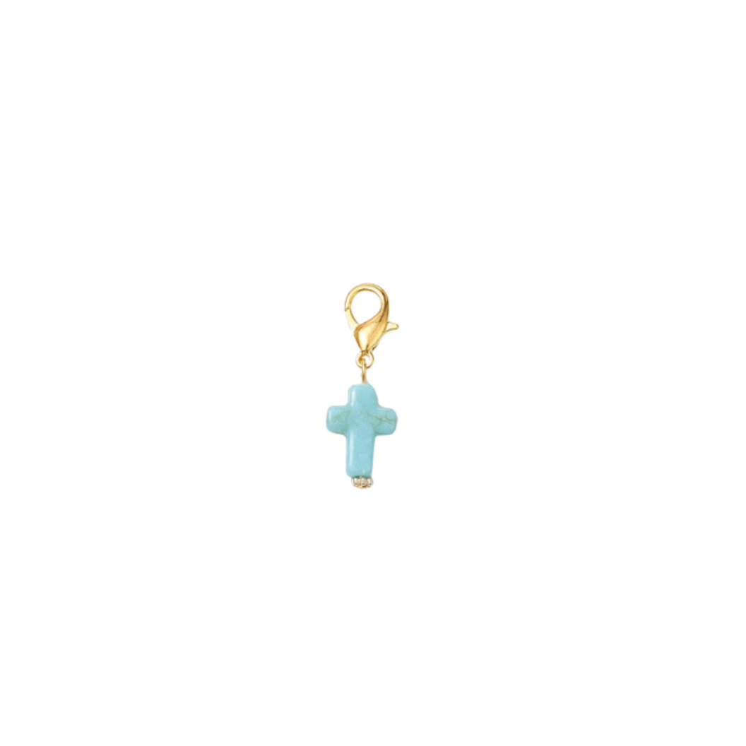 Gold Faith Flare Cross Charm - Turquoise