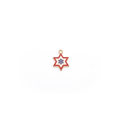 Red, white, and blue star charm on white background.