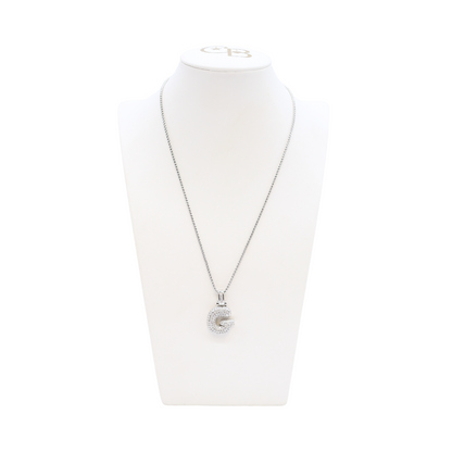 Front view of the Silver Rhinestone Bubble Letter Necklace | Letter G