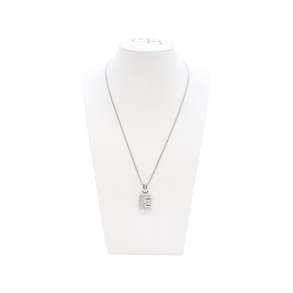 Front view of the Silver Rhinestone Bubble Letter Necklace | Letter E
