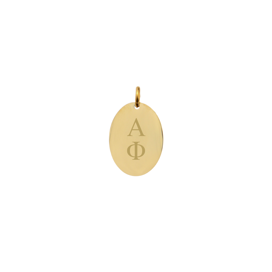 Alpha Phi Small Gold Oval Sorority Charm - Vertical Stacked Greek Letters | Waterproof, Hypoallergenic & Tarnish Resistant