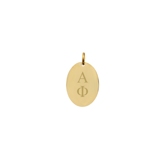 Alpha Phi Small Gold Oval Sorority Charm - Vertical Stacked Greek Letters | Waterproof, Hypoallergenic & Tarnish Resistant