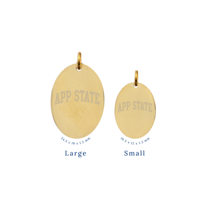 Appalachian State University gold large oval charm and small oval charm comparison with app state text front view