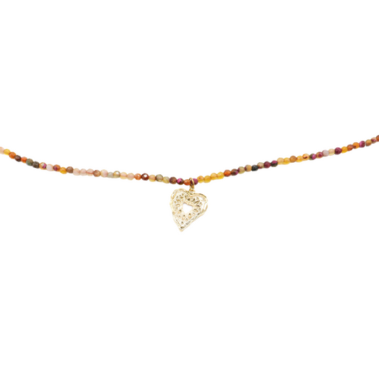 Front of the Beaded Necklace with Gold Embossed Heart Charm