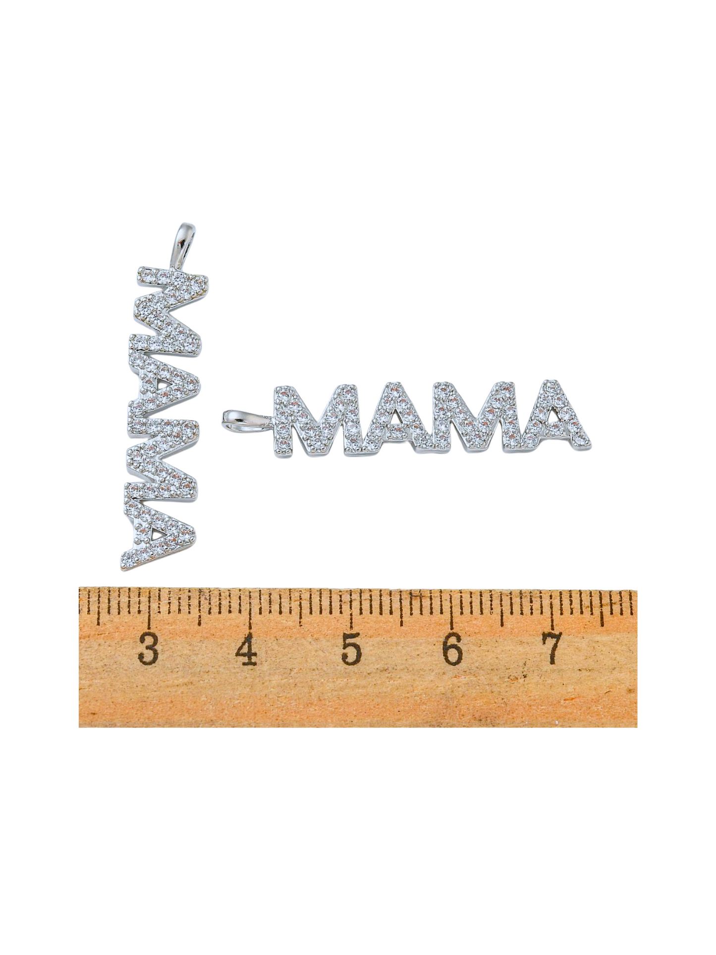 Front view of the Silver Pave "MAMA" Bar Charm with a ruler