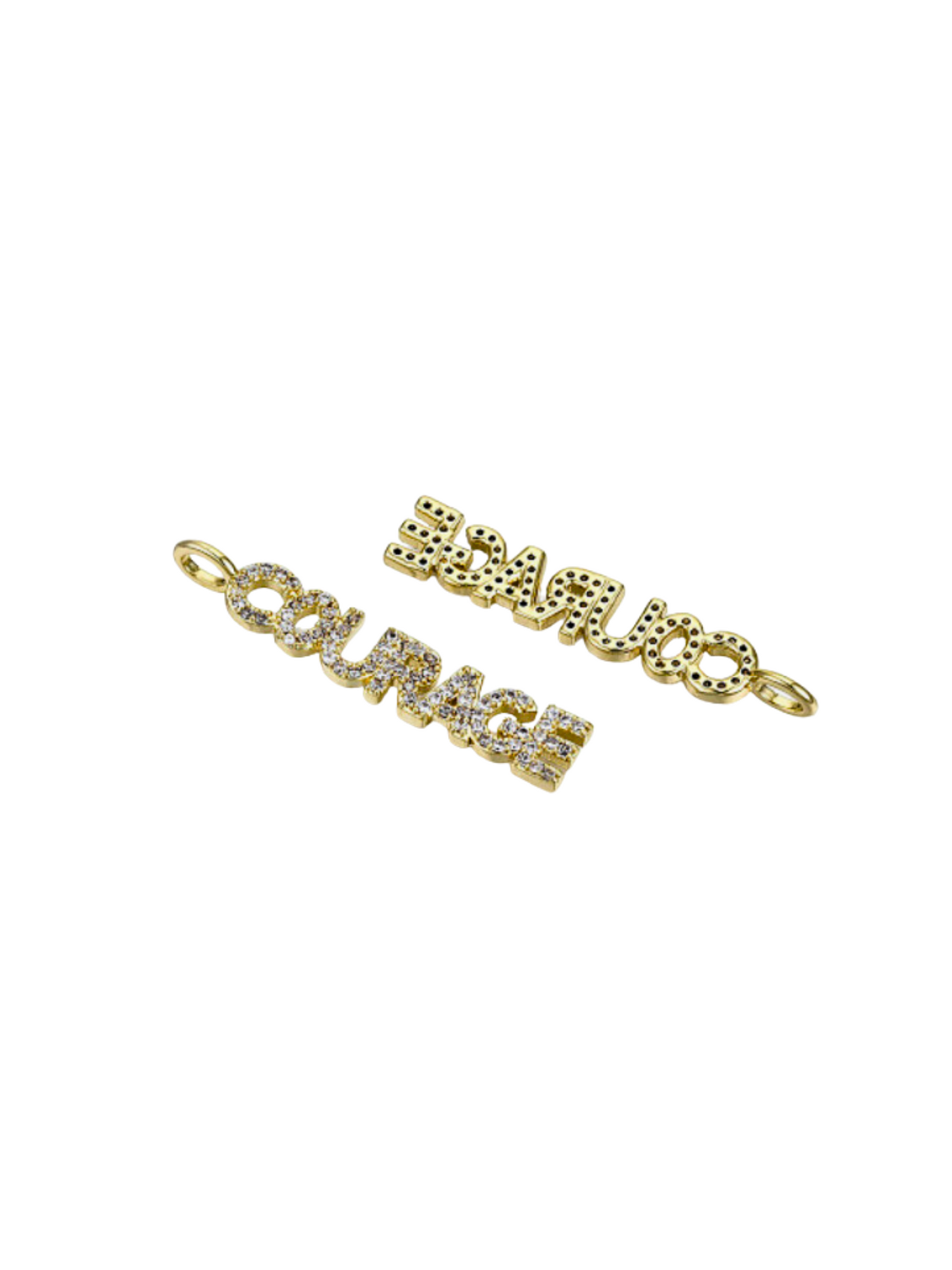 Front and back of the Gold Pave "Courage" Bar Charm