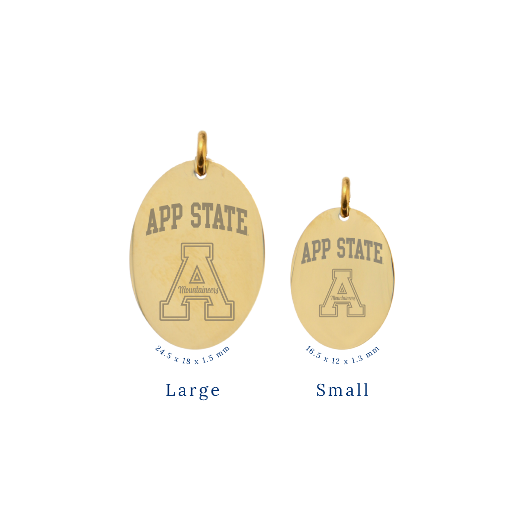 Appalachian State University Small Gold Oval Charm - APP State Text and "A" Logo