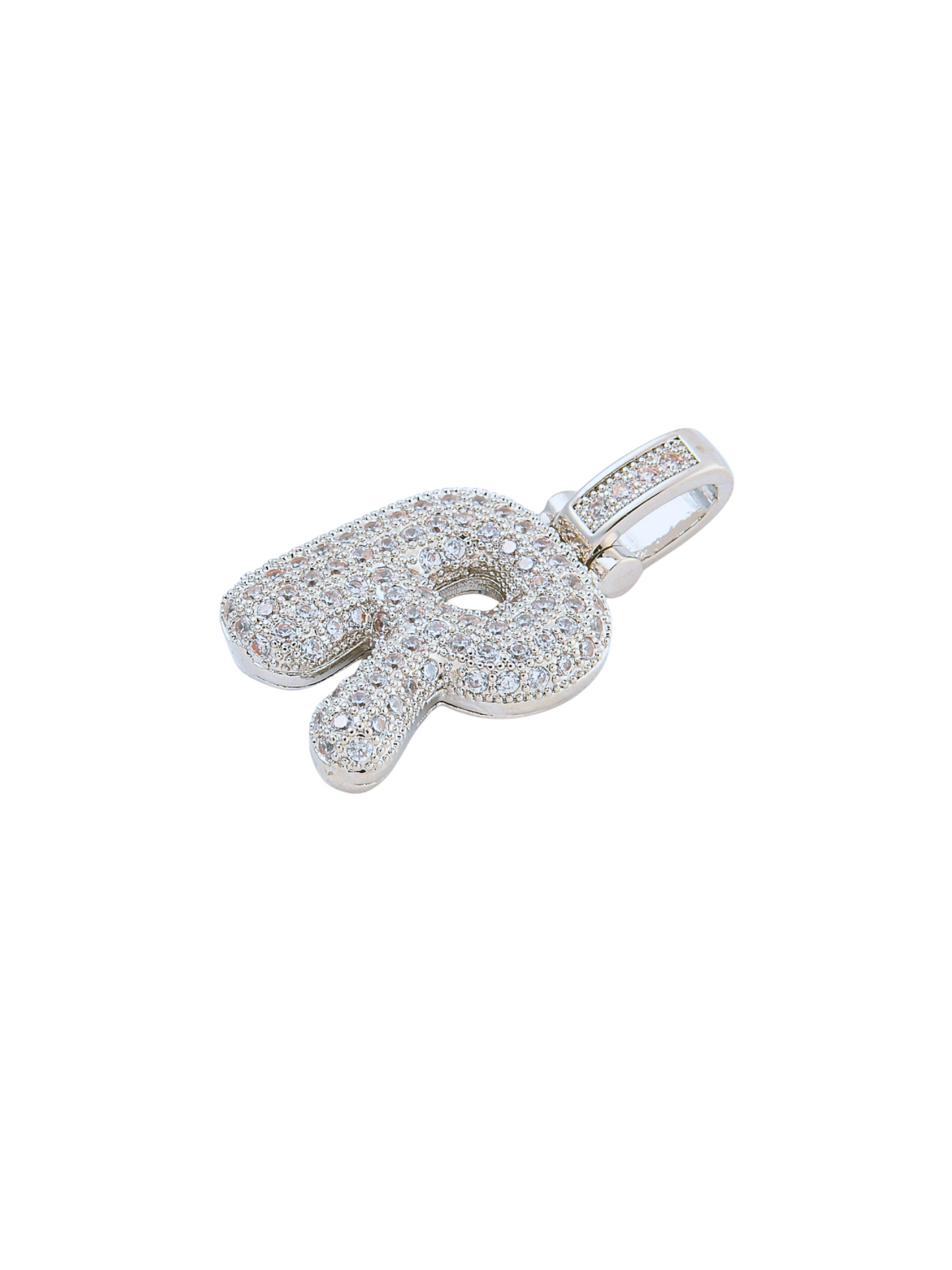 Side view of the Silver Rhinestone Bubble Letter "R" Charm