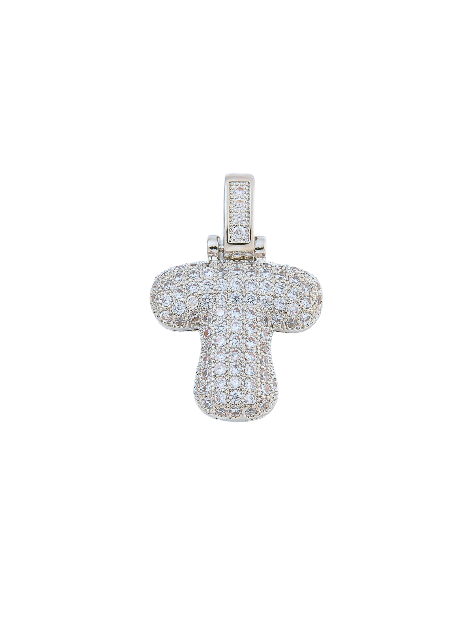 Front view of the Silver Rhinestone Bubble Letter "T" Charm