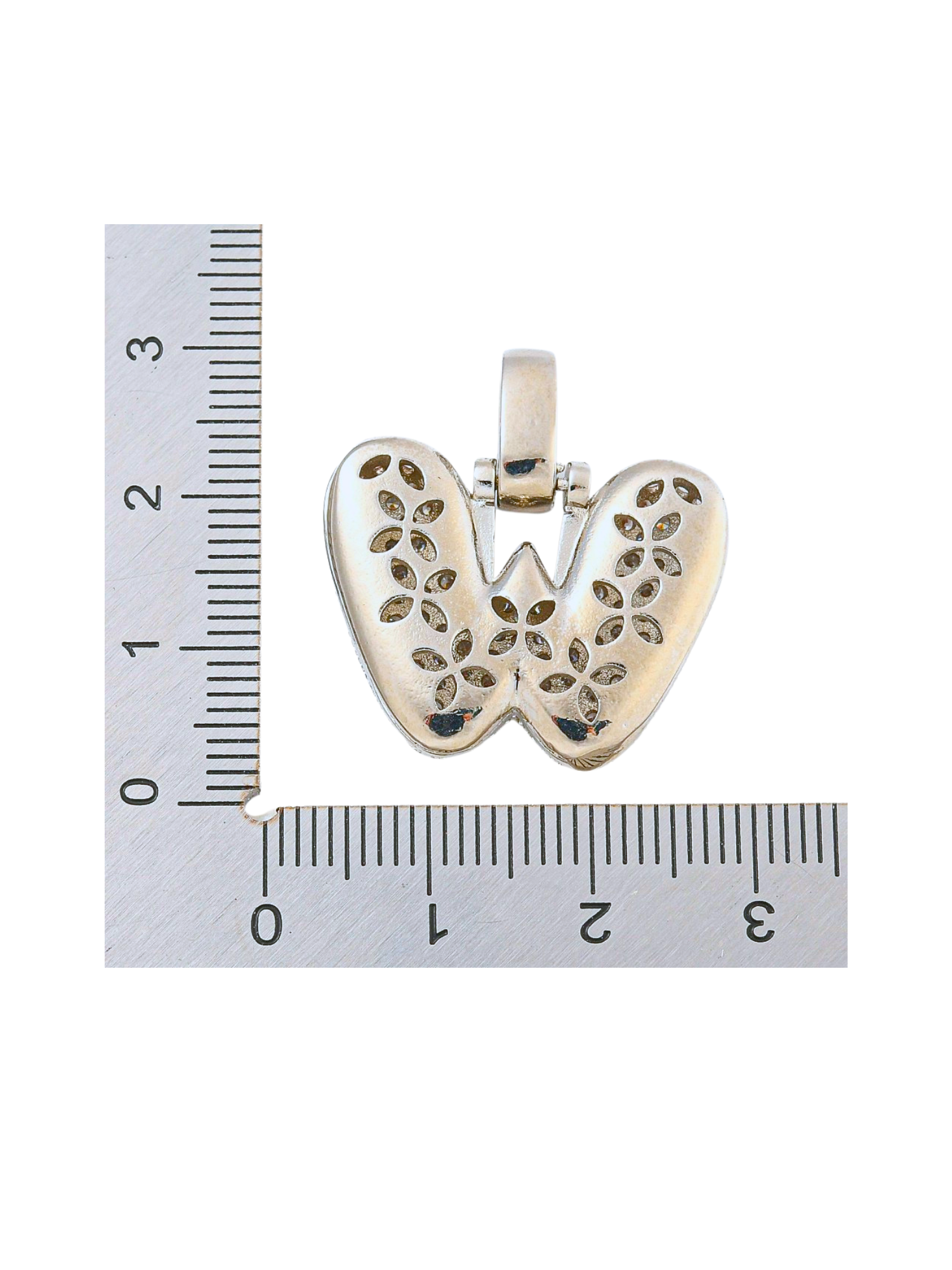 Back of the Silver Rhinestone Bubble Letter "W" Charm with a ruler