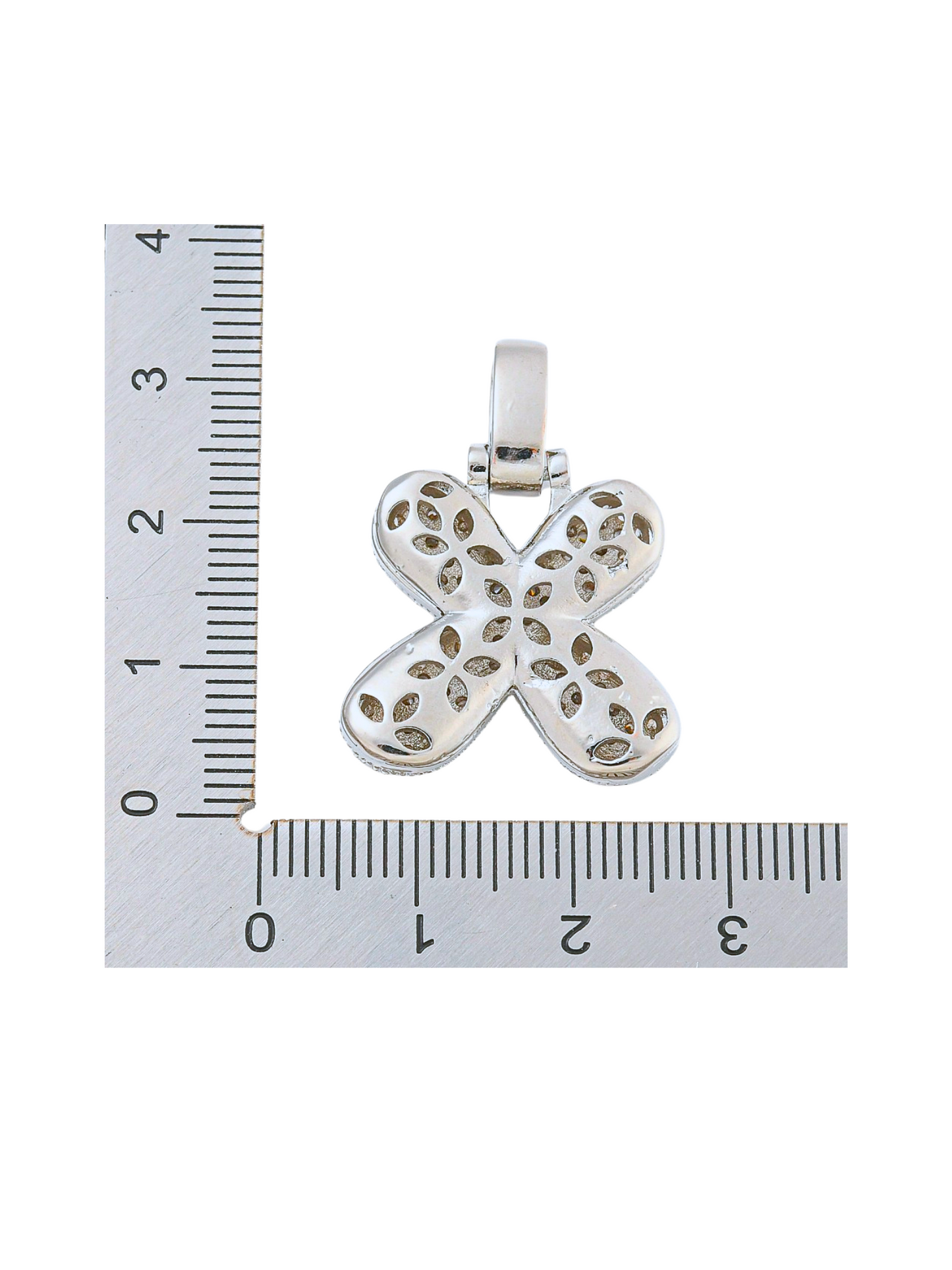 Back of the Silver Rhinestone Bubble Letter "X" Charm with a ruler