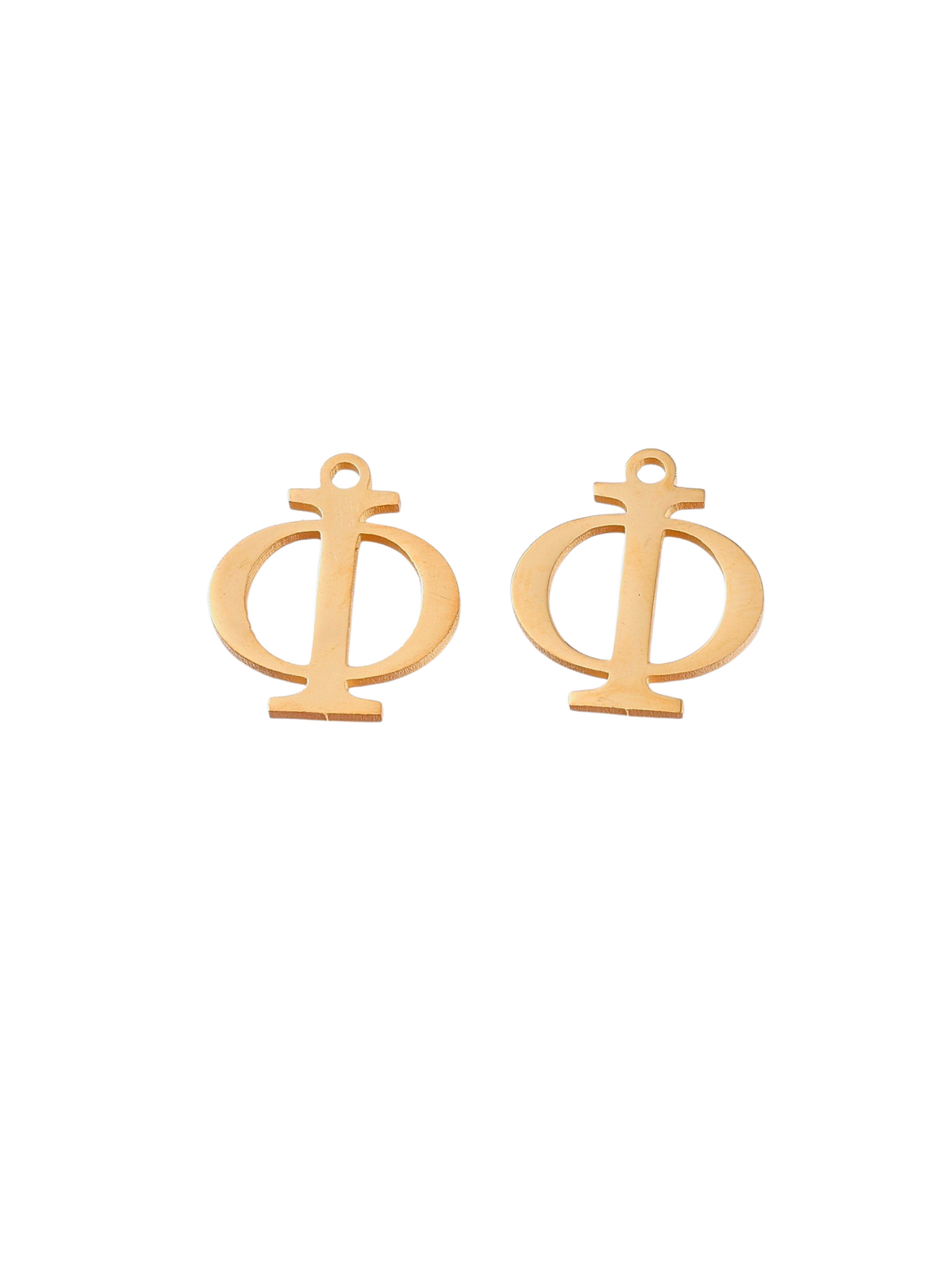 Front and back view of Gold Greek Life "Phi" Charm