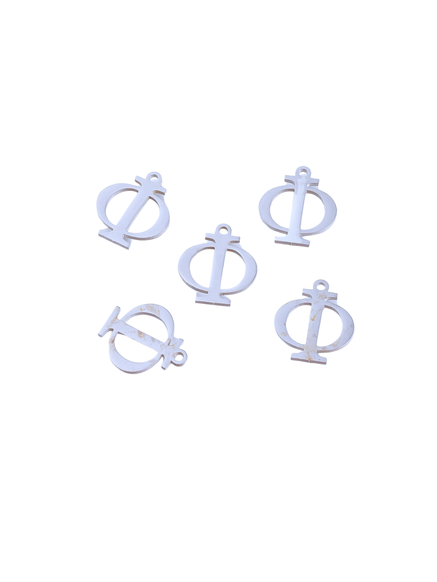 Front view of five Silver Greek Life "Phi" Charms