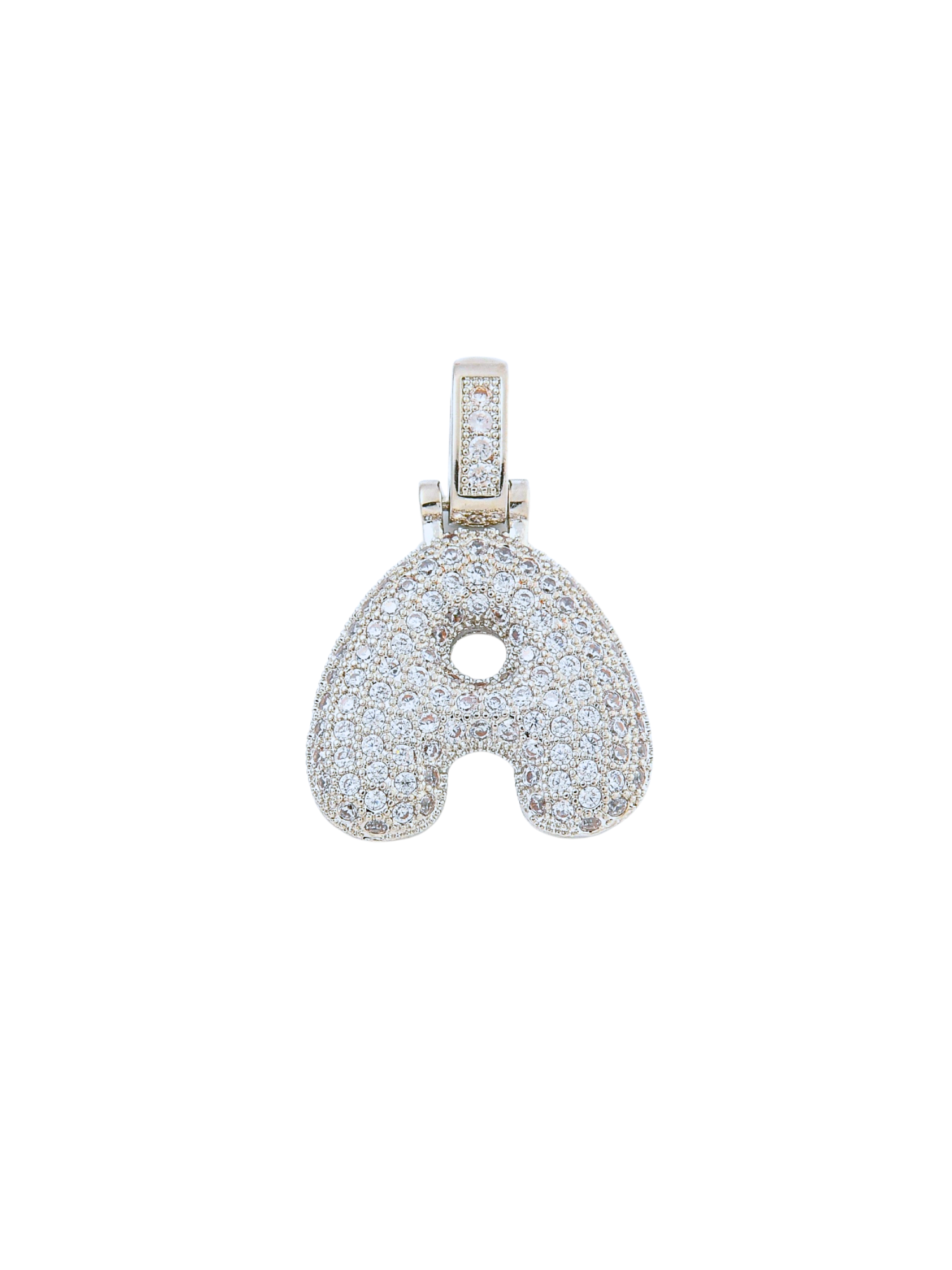 Front view of Silver Rhinestone Bubble Letter "A" Charm