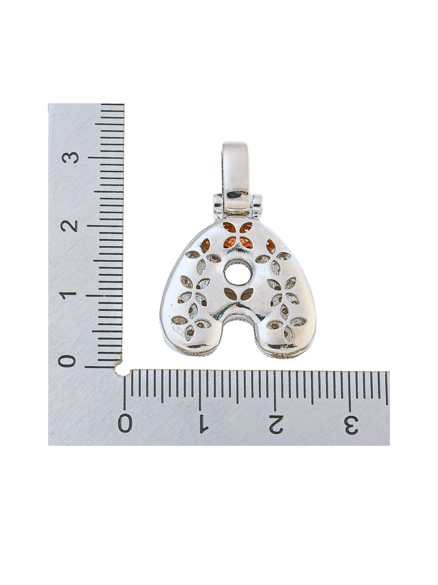 Back of Silver Rhinestone Bubble Letter "A" Charm with ruler